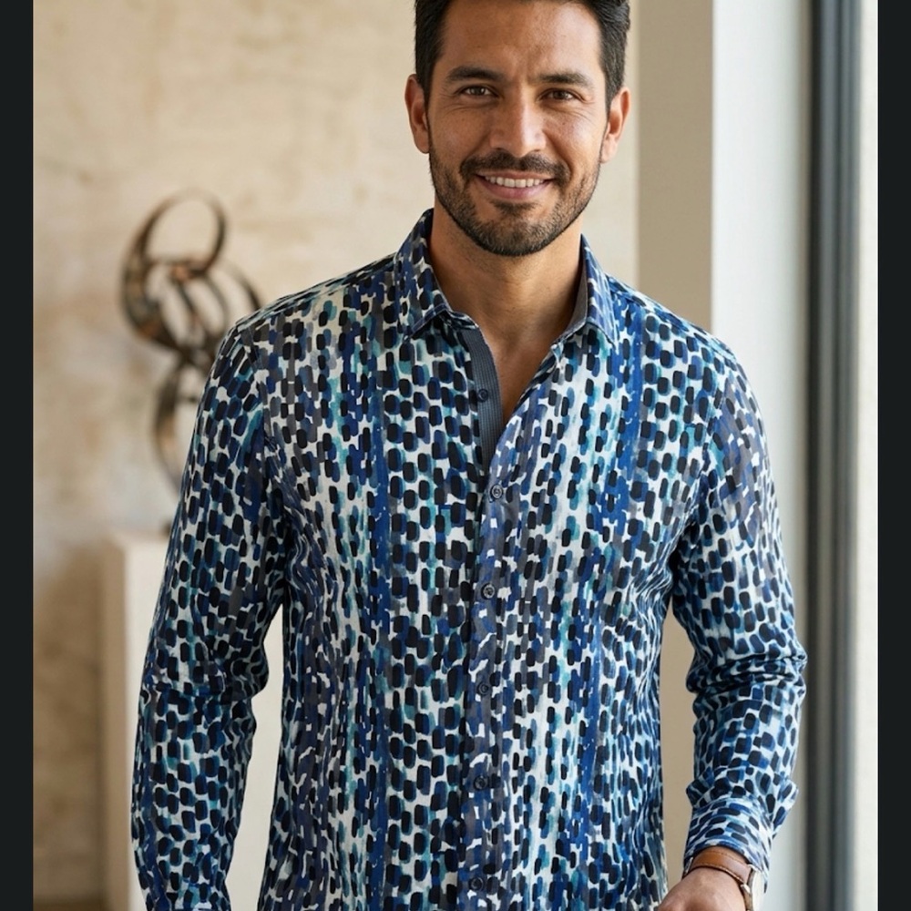 Barabas  mens L Blue Patterned Long-Sleeve Button-Down Shirt